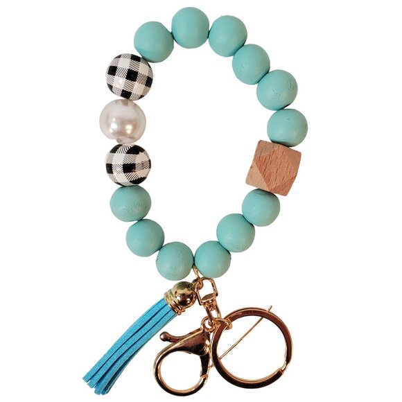 Blossom - Baby Blue Plaid White & Beige Beaded Wristlet Keychain w/ Tassel. - Picture 1 of 5